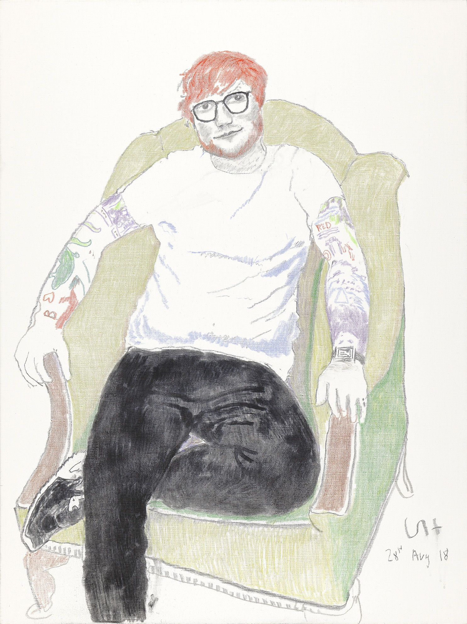 David Hockney painting of Ed Sheeran, 2018 charcoal and crayon on canvas 122 x 91.5 cm
