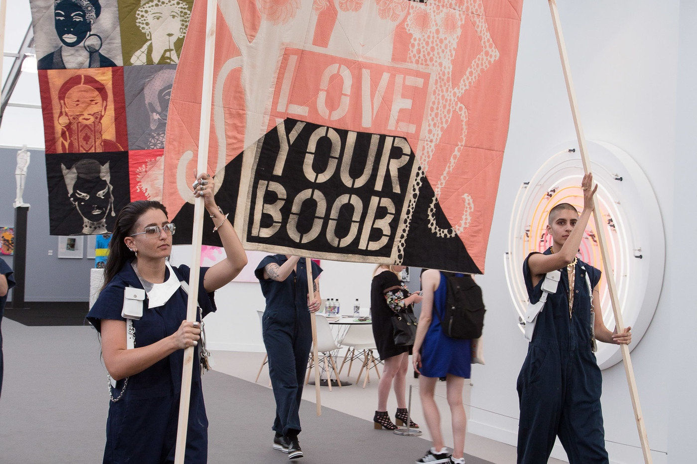 Installation images and live images of Lara Schnitger's Suffragette City at Frieze.