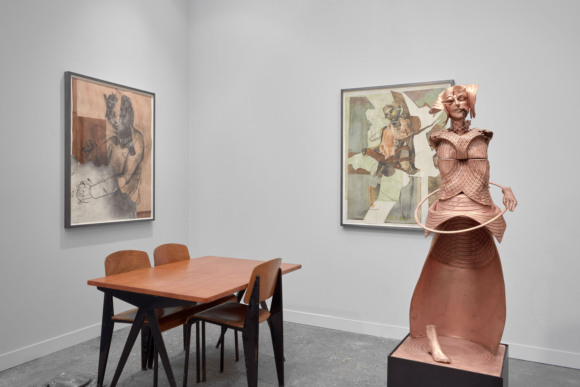 Matthew Monahan solo booth at FIAC filled with a variety of sculptures and paintings.