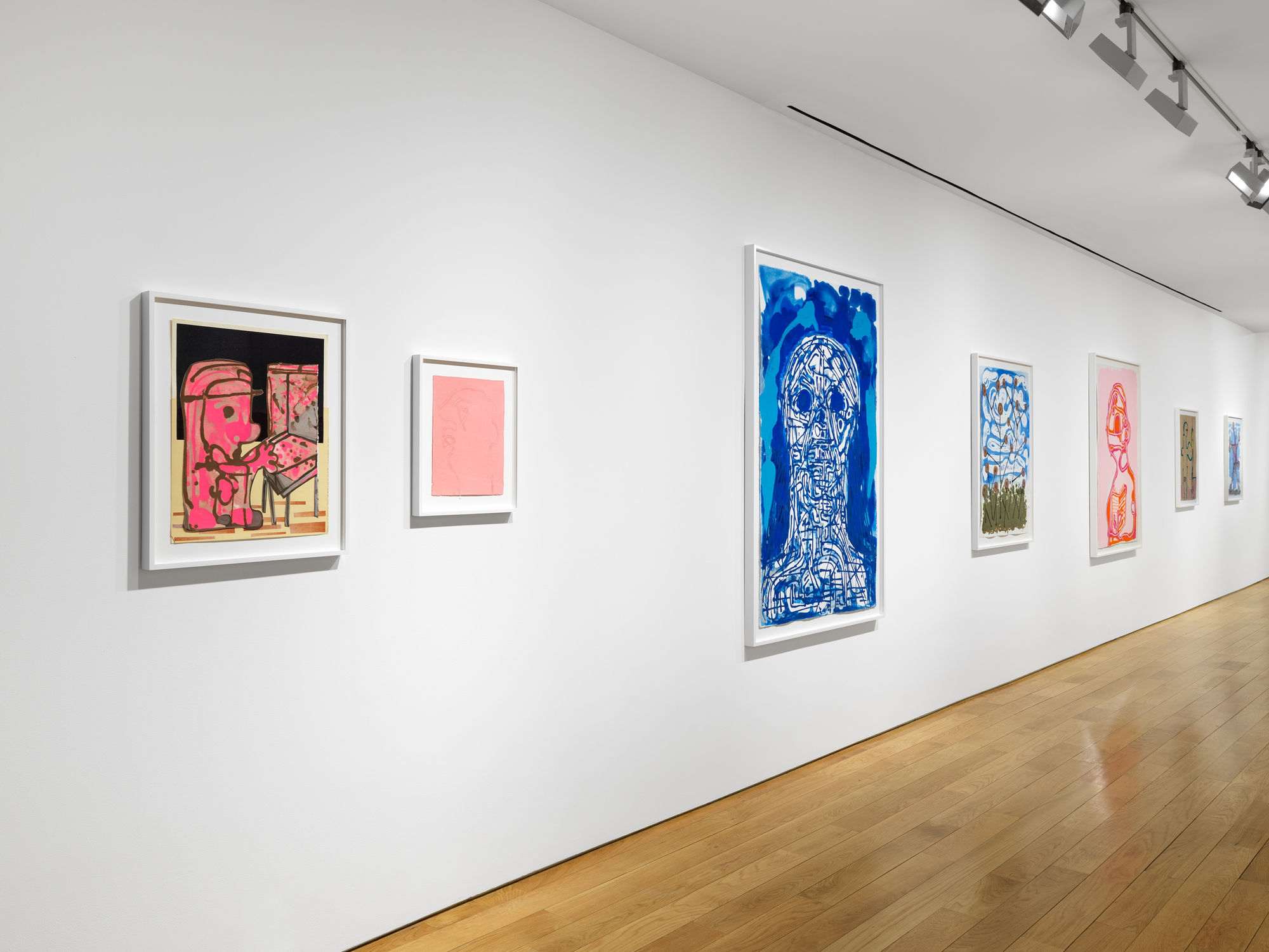 Installation view of Nicole Eisenman's exhibition at the gallery in early 2021 of maquettes and prints. An additional, more angular shot of the last view.