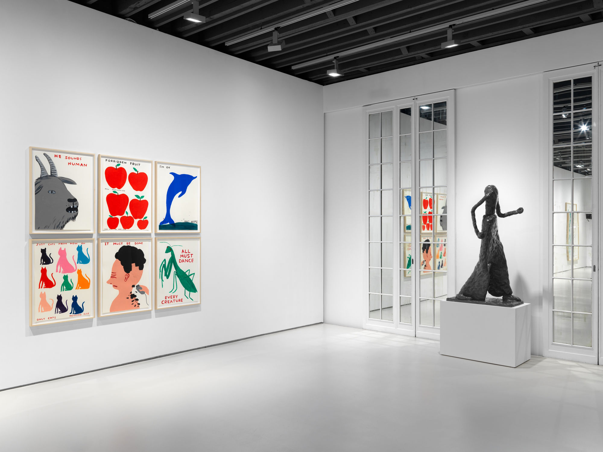 Installation of end of year show occupying all the galleries floors. David Shrigley and Tal R pictured.