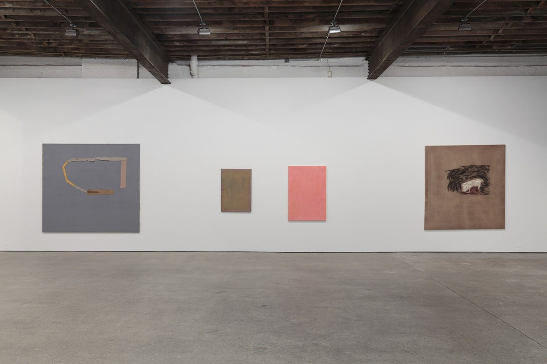 Installation view of Danish artist Sergej Jensen's third solo show at Anton Kern Gallery, featuring a new body of paintings. Four works presented.