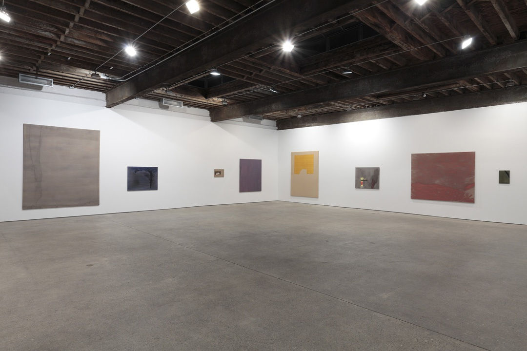 Installation view of Danish artist Sergej Jensen's third solo show at Anton Kern Gallery, featuring a new body of paintings. Multiple works shown.