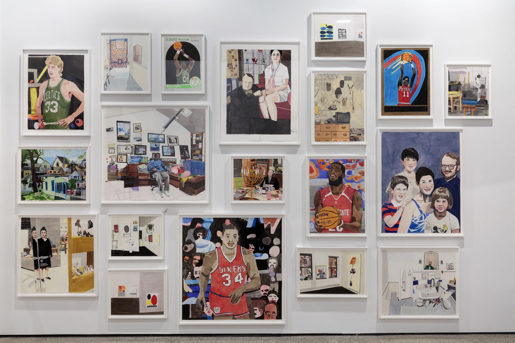 Installation view of Jonas Wood's third solo show at Anton Kern Gallery. Back gallery works hung salon style.