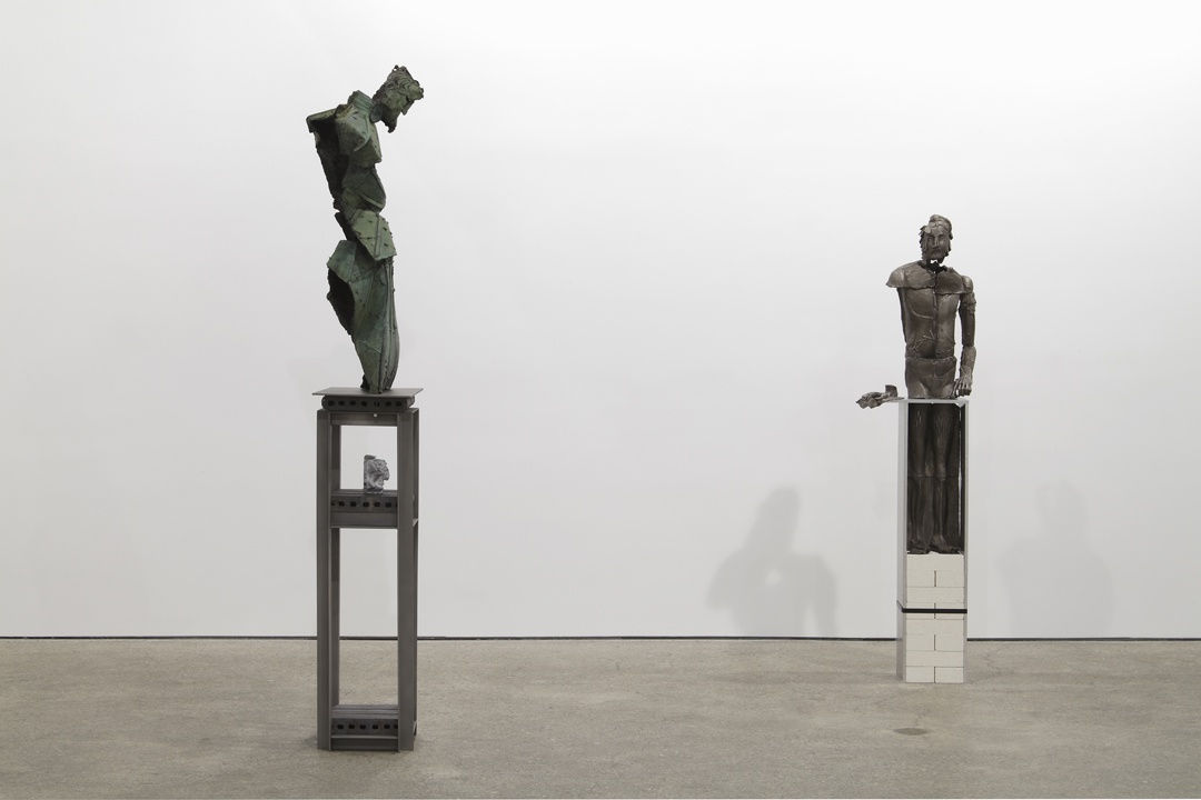 Installation view of Matthew Monahan's fifth solo show at Anton Kern gallery, featuring new sculptures and drawings. Two sculptures featured.