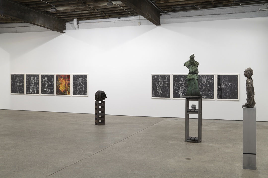 Installation view of Matthew Monahan's fifth solo show at Anton Kern gallery, featuring new sculptures and drawings. Sculptures and drawings featured.