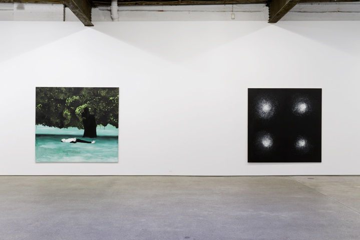 Installation view of Wilhelm Sasnal's fourth solo show at Anton Kern gallery, featuring a body of paintings organized around subject matters concerning personal contemporary life. Two works featured.