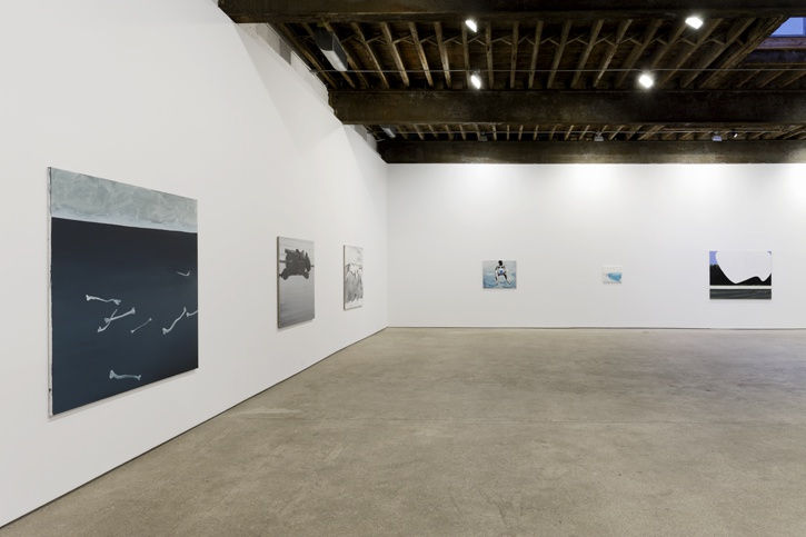 Installation view of Wilhelm Sasnal's fourth solo show at Anton Kern gallery, featuring a body of paintings organized around subject matters concerning personal contemporary life. Multiple works featured.