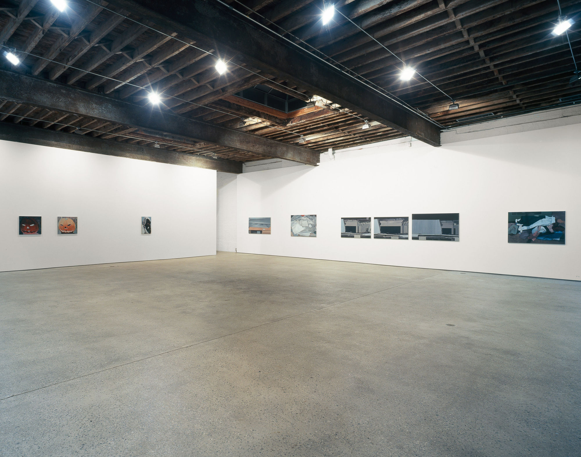 Installation view of Eberhard Havekost's fifth solo show at Anton Kern gallery, featuring 16 paintings entitled "Zensur." Multiple works featured.