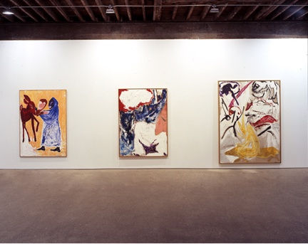 Installation view of Don Van Vliet's first solo show in New York, presenting 15 paintings and a group of drawings from 1985-1995. Three works featured.