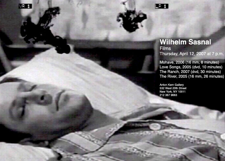 Installation view of Wihelm Sasnal's third solo exhibition at Anton Kern Gallery, consisting of a 16 mm film, a set of posters, and a group of a paintings. Poster for the film screening.