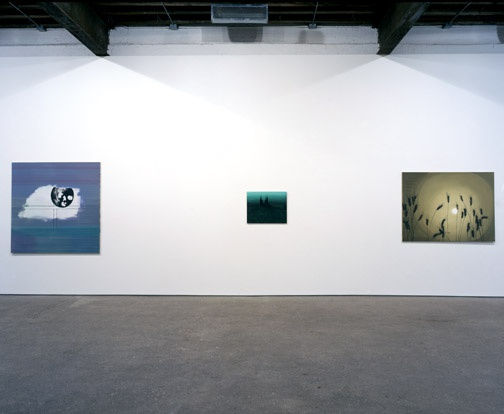 Installation view of Wihelm Sasnal's third solo exhibition at Anton Kern Gallery, consisting of a 16 mm film, a set of posters, and a group of a paintings. A few works shown.
