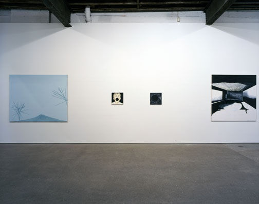 Installation view of Wihelm Sasnal's third solo exhibition at Anton Kern Gallery, consisting of a 16 mm film, a set of posters, and a group of a paintings. Some works featured.