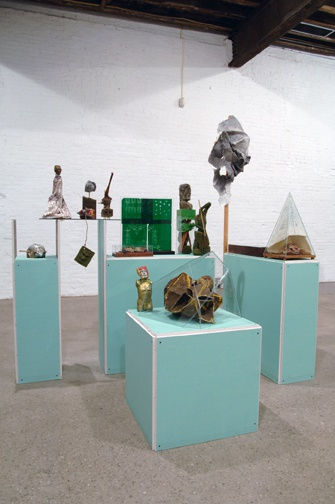 Installation view of Matthew Monahan's second solo show at Anton Kern Gallery., featuring curiosities, artifacts, drawings, and assembled sculptures. A few works featured.