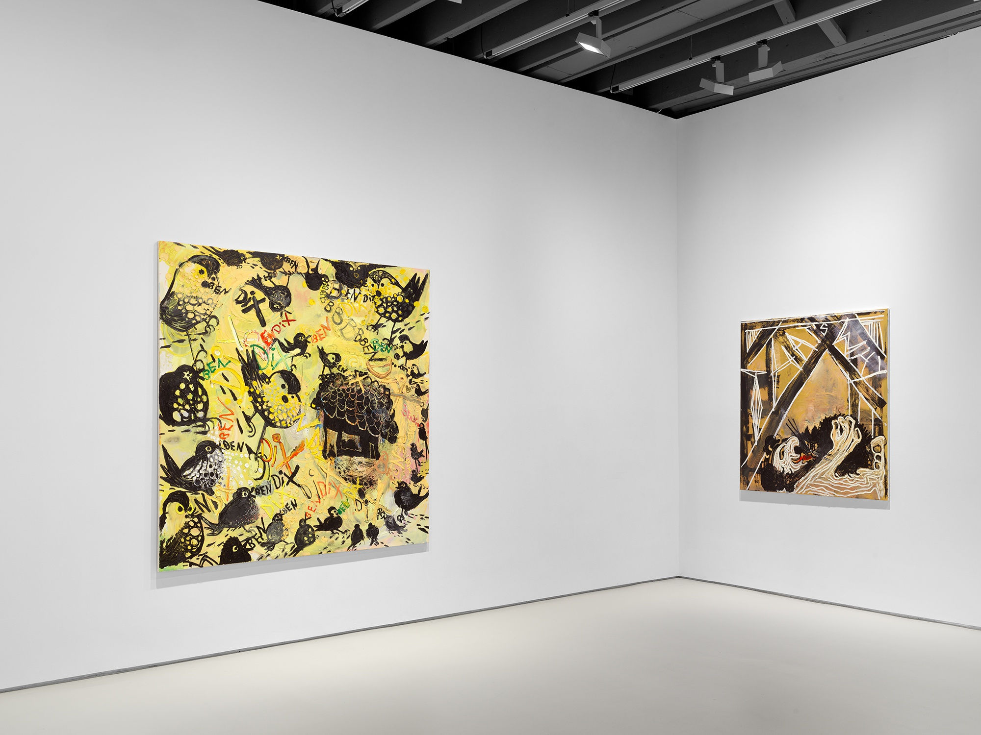 Installation view at Anton Kern Gallery, Second Floor, Bendix Harms paintings, 2021. Corner shot with two paintings.