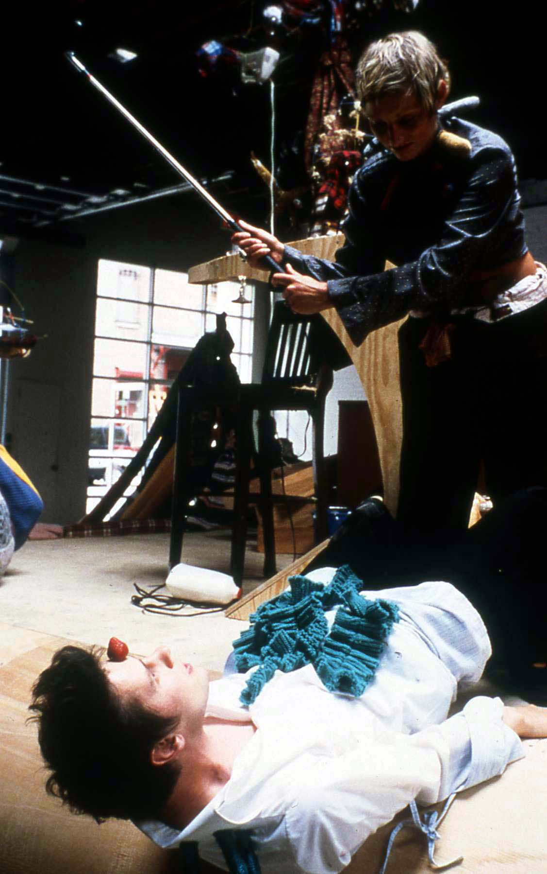 Installation view of John Bock's solo show, a social sculpture including lectures, costumes, performances, a goat, and odd sculptures. Part of the performance featured.