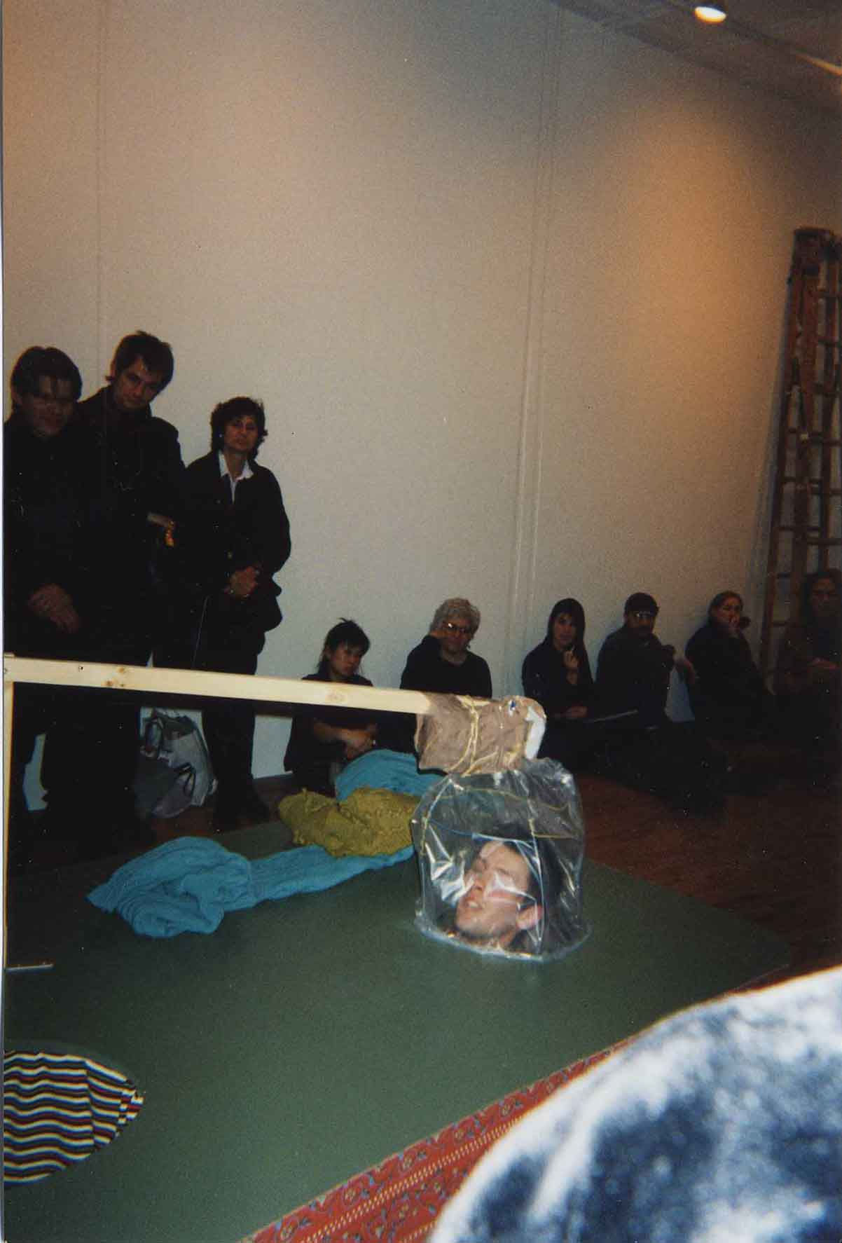 Installation view of John Bock's 1999 solo show, which included a one night performance and sculptural environments. Performance featured.