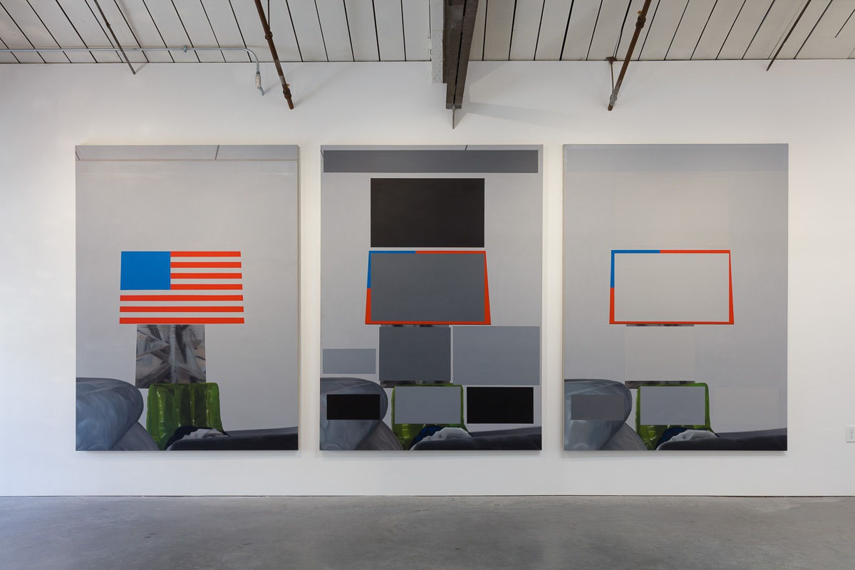 Installation view of the group show coordinated by Kreps and Kern Galleries, featuring many artists. Havekost triptych featured.