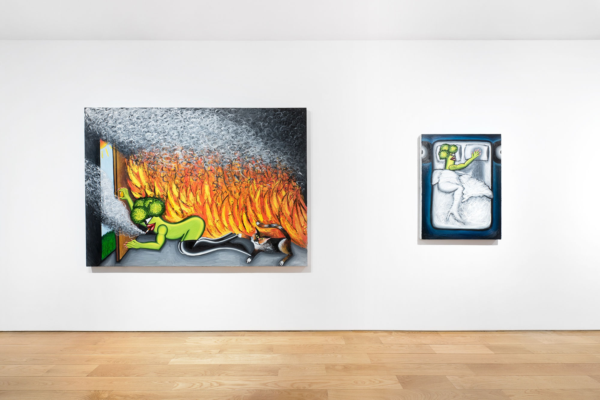 Installation view depicting white wall with two paintings, and wooden floor. Works featured: "Smothering," 2021 and "Shadow of Your Former Self," 2021-2022.