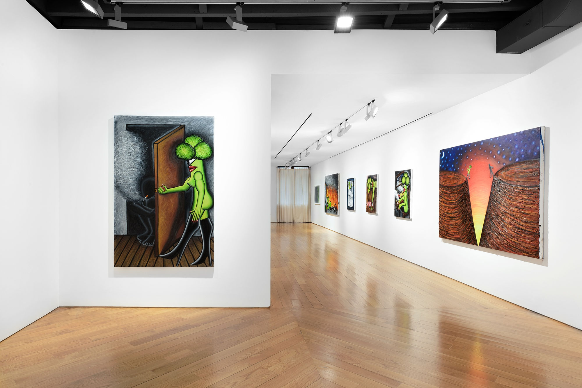 View of multiple walls and wooden floors; left wall holds Koh's "The Closet," 2021-2022 with six additional paintings featured on the adjacent wall.