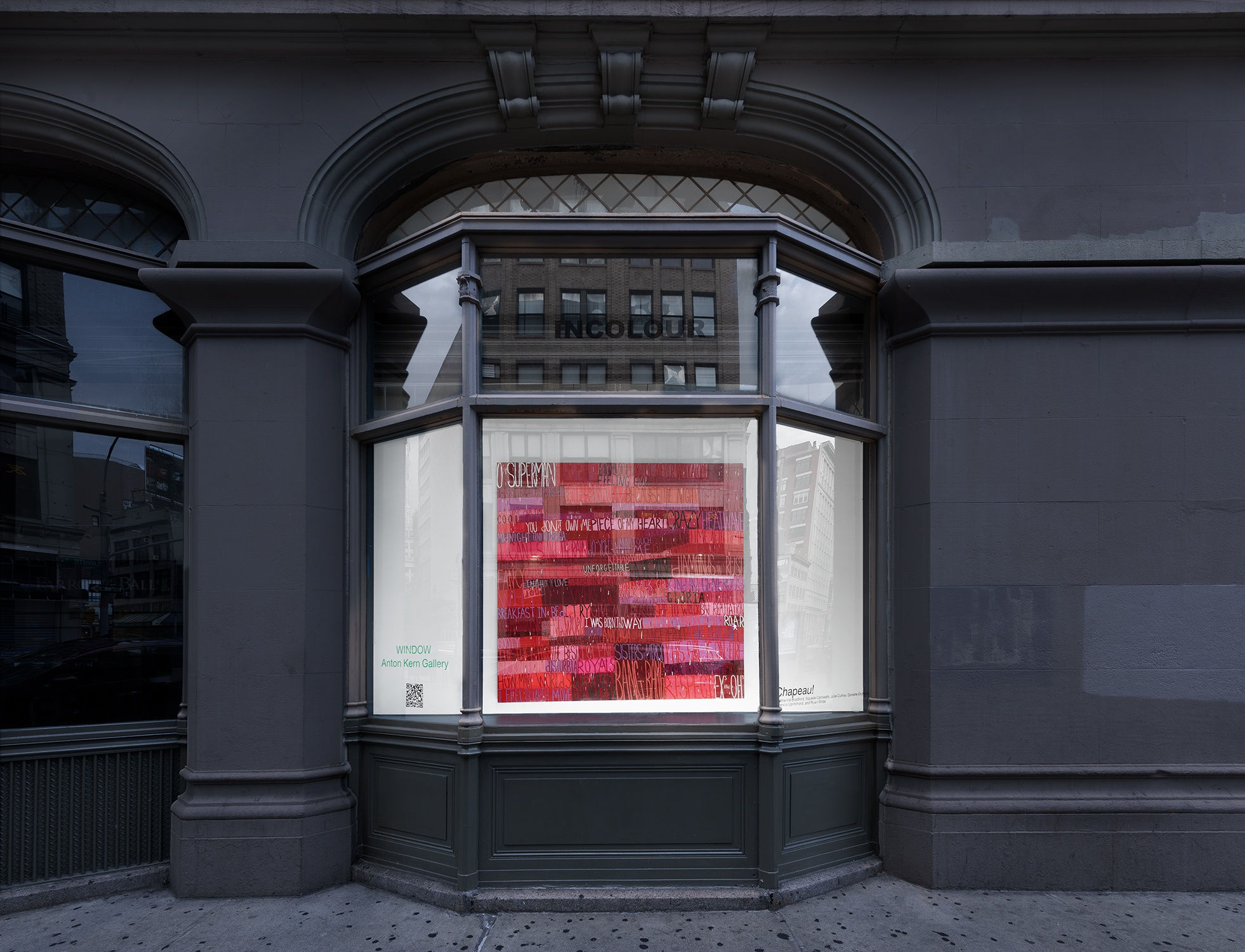 Installation view of the 2022 exhibition “Chapeau!” with exterior view of walls, artworks and ceiling.