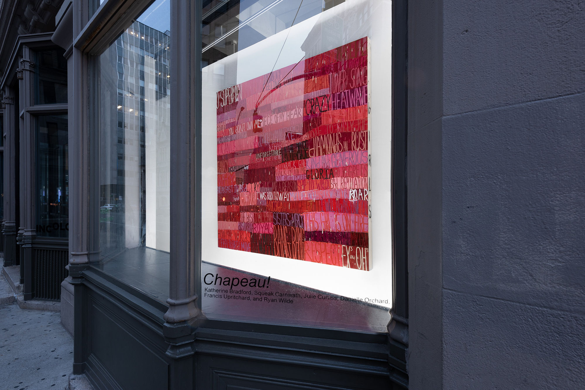 Installation view of the 2022 exhibition “Chapeau!” with exterior view of walls, artworks and ceiling.