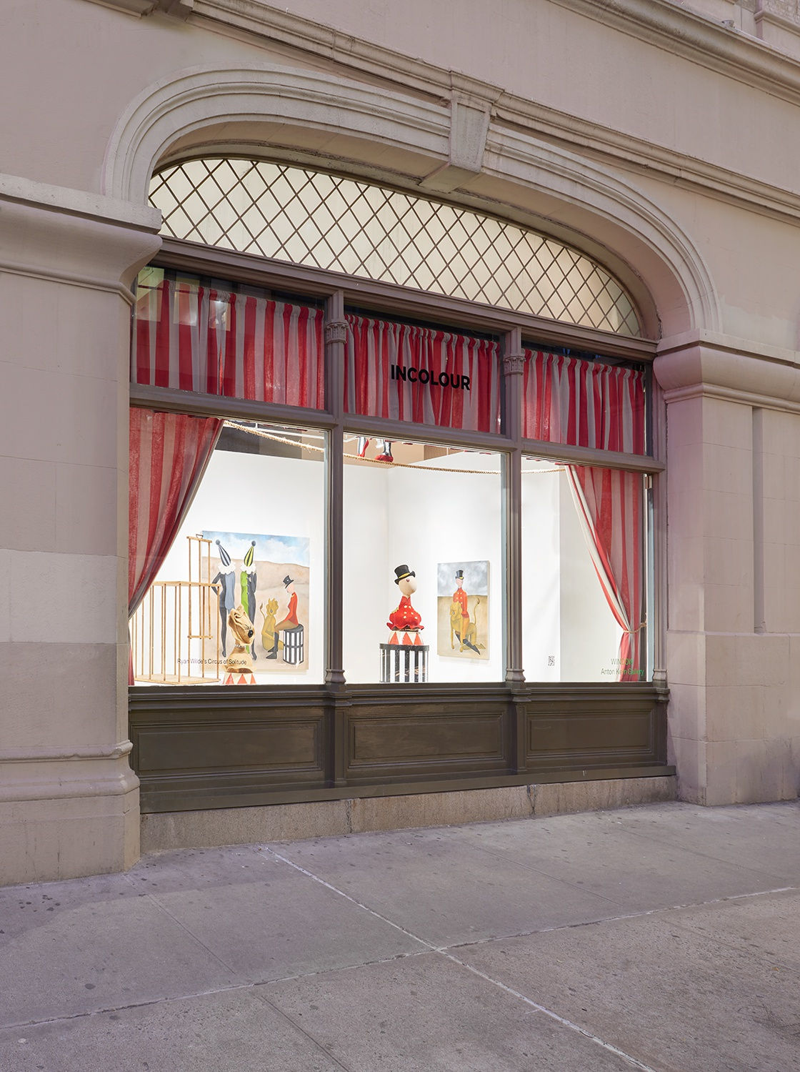 Installation view of the 2022 exhibition “Ryan Wilde's Circus of Solitude” at WINDOW with exterior view of floors, walls, artworks and ceiling.