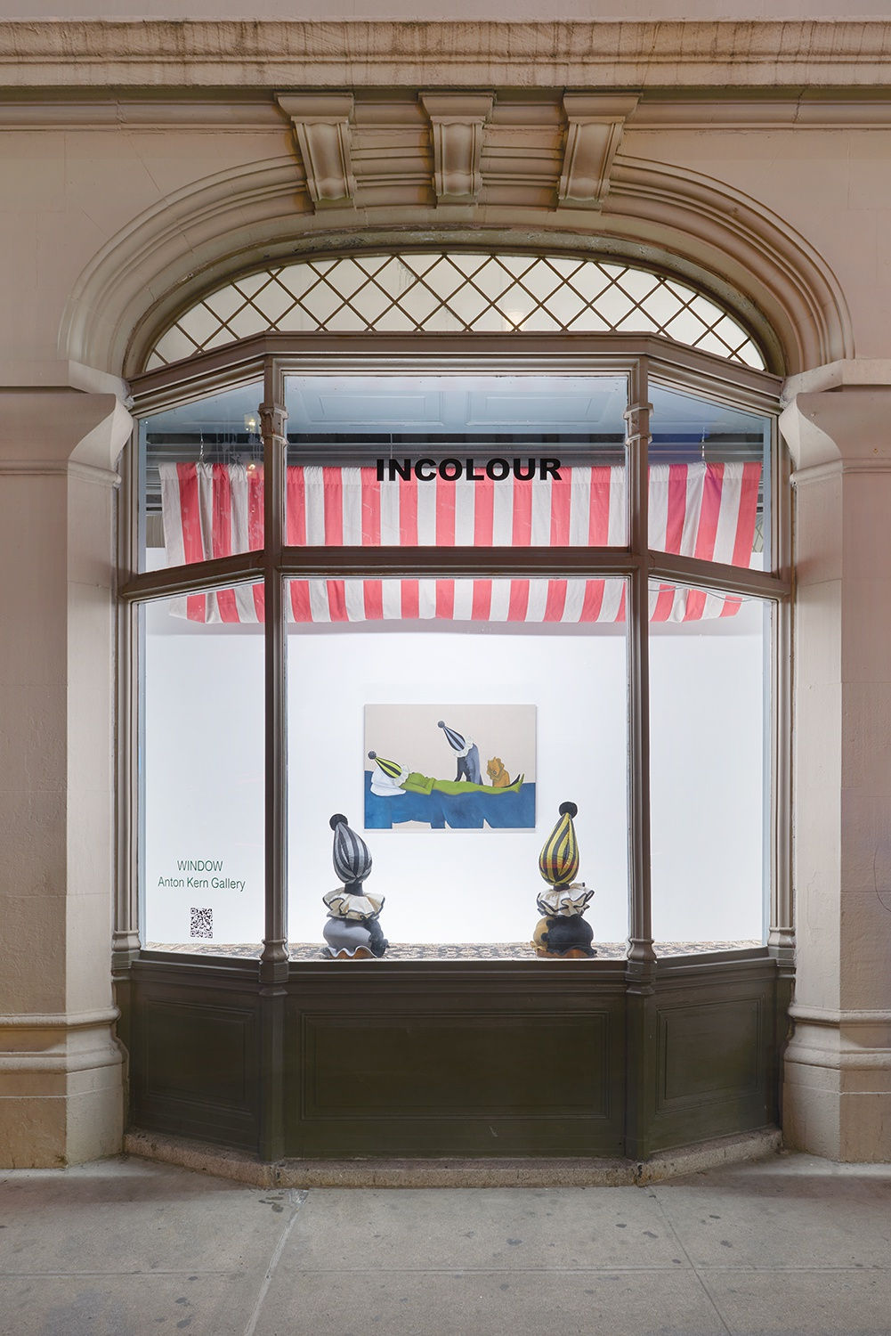 Installation view of the 2022 exhibition “Ryan Wilde's Circus of Solitude” at WINDOW with exterior view of walls and artworks.