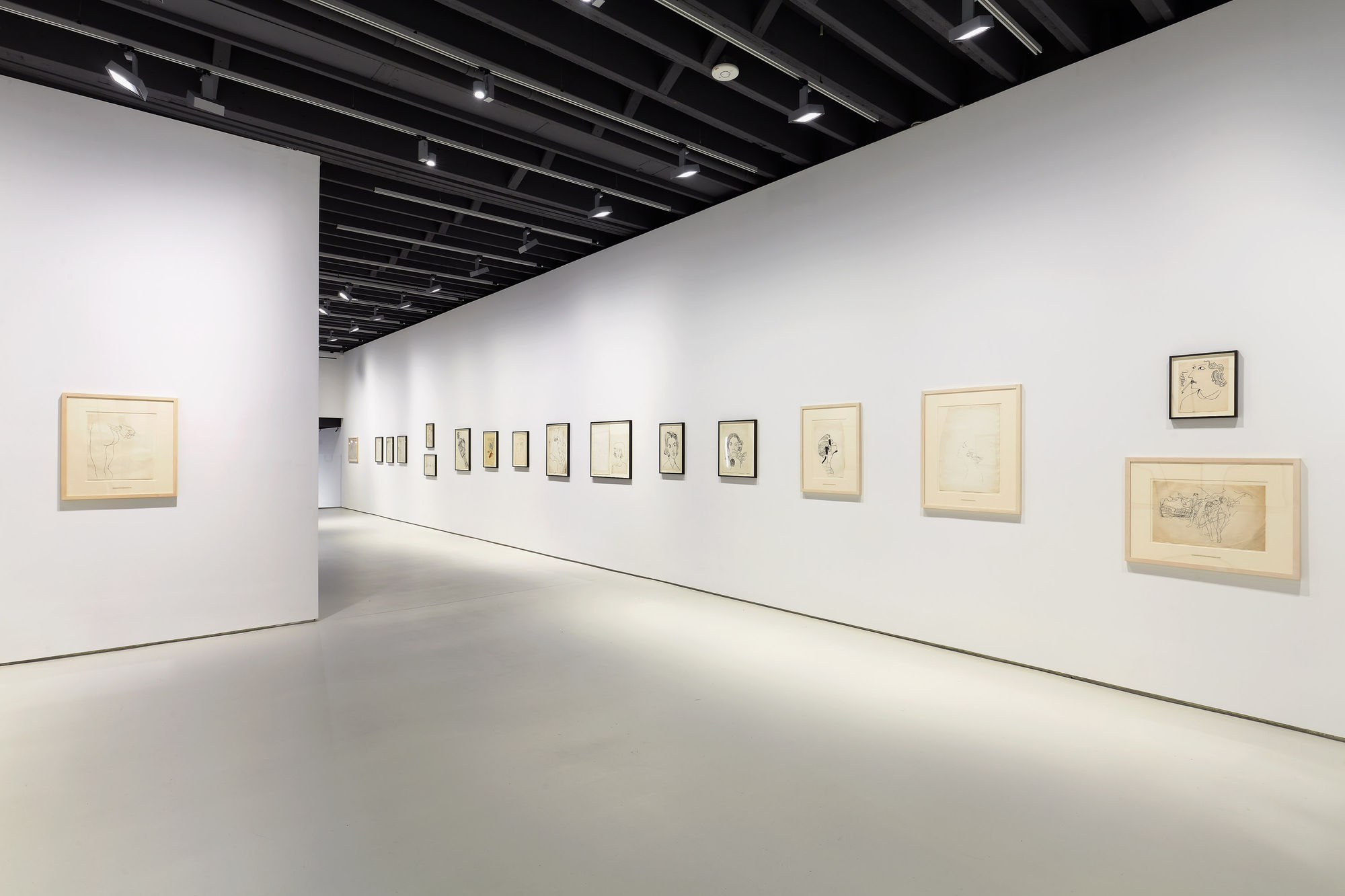 Installation view of Andy Warhol drawings from the 1950's. A long line of many drawings shown.,