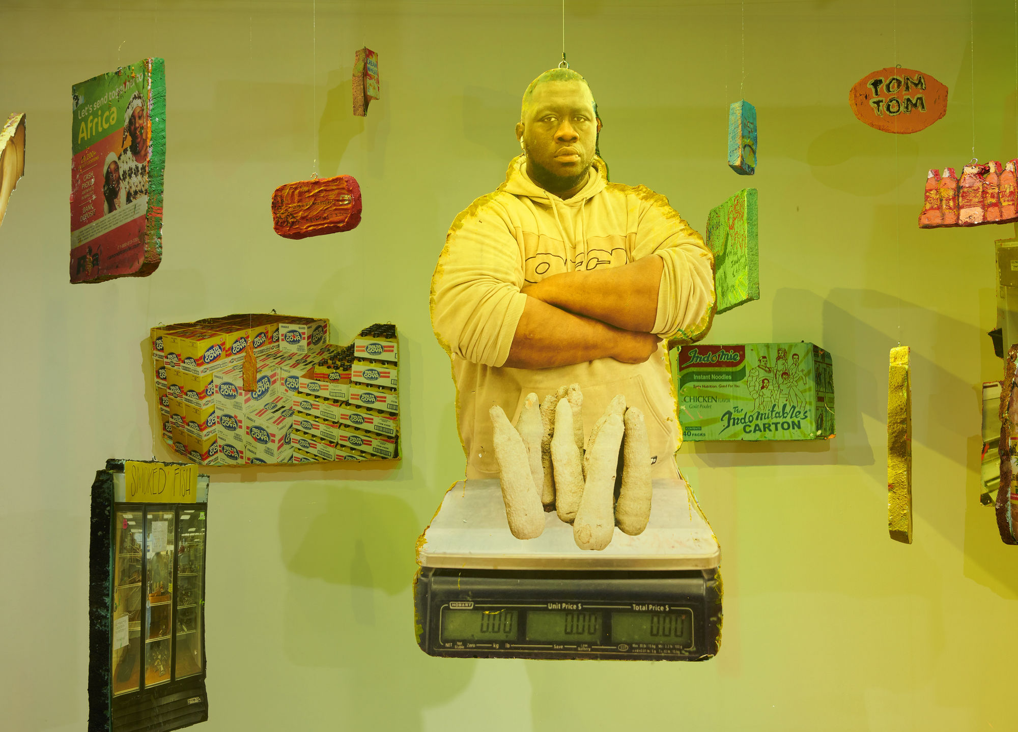 Installation view of the 2023 exhibition “Lloyd Foster: Double Double” at WNDOW with view of walls and artworks.