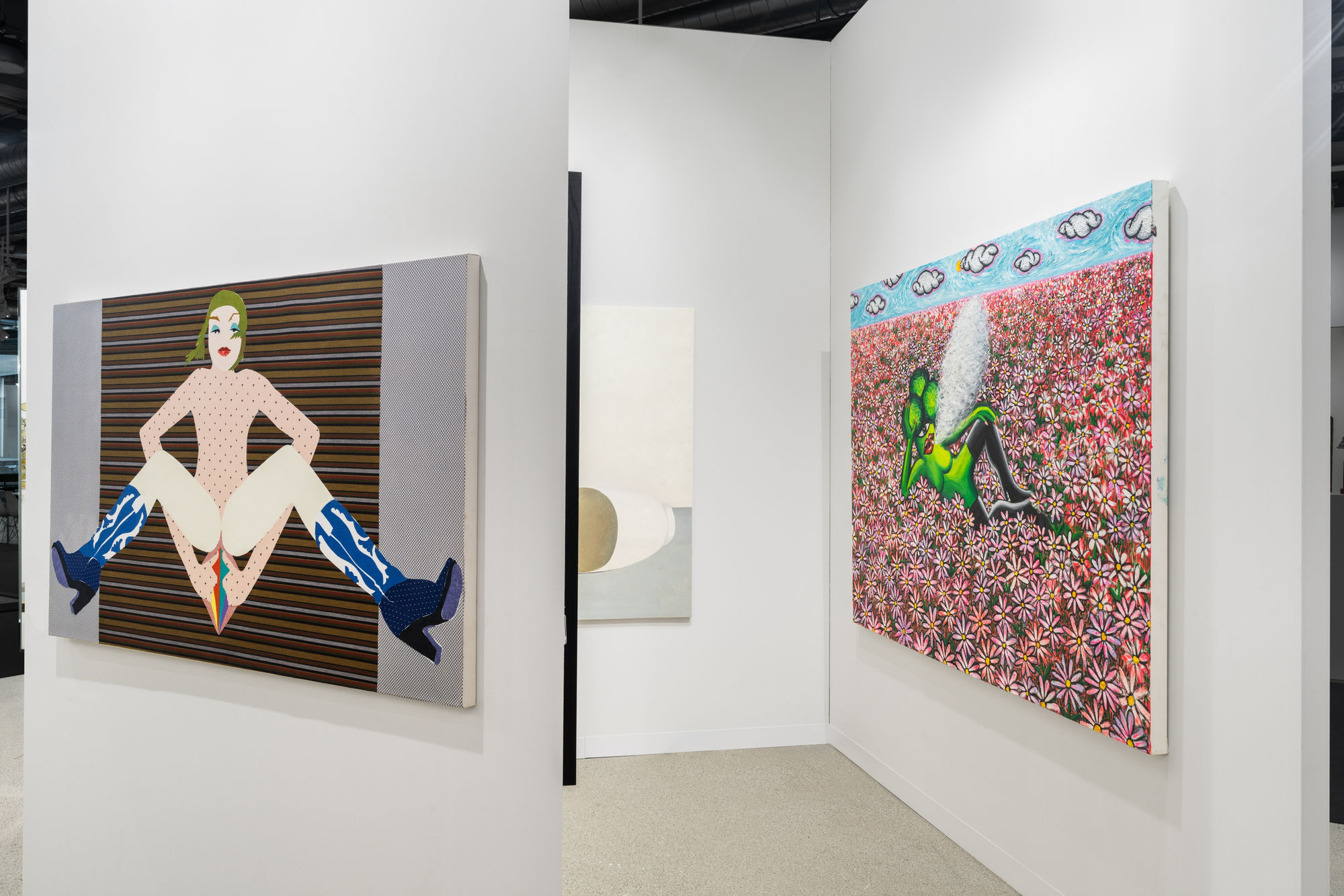 Installation view of Art Basel 2023 booth K10 with view of floors, walls, artworks and ceiling.