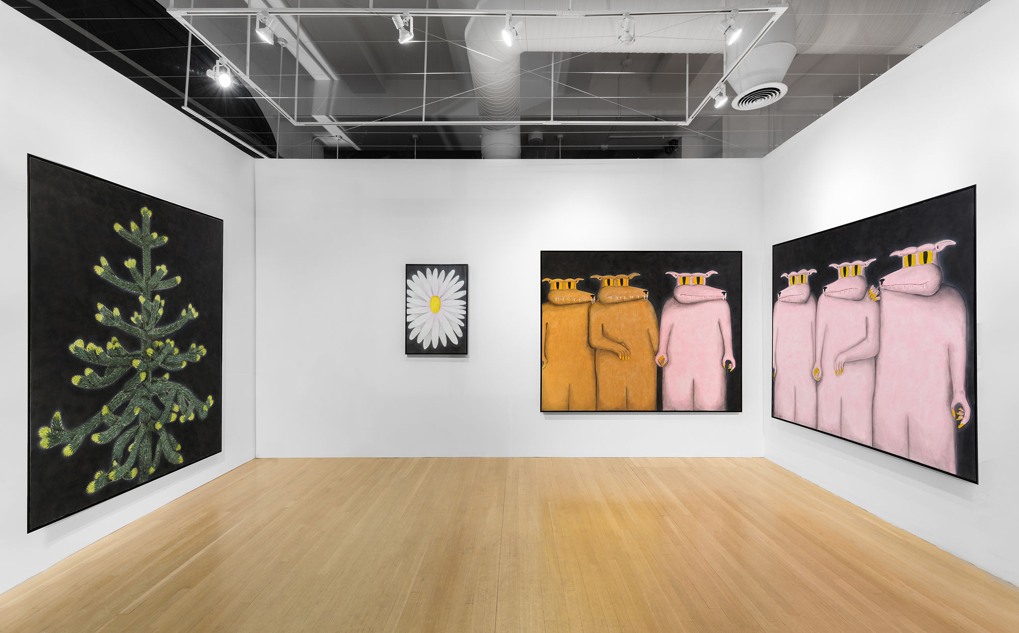 Installation view of the 2023 exhibition “Andrew Sim at WINDOW” with view of wood floors, walls, artworks and ceiling.