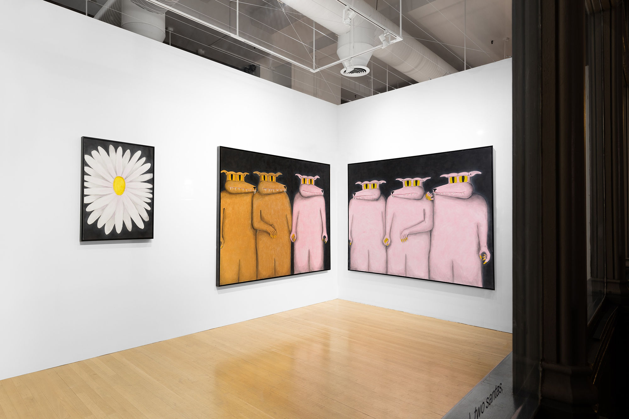 Installation view of the 2023 exhibition “Andrew Sim at WINDOW” with view of wood floors, walls, artworks and ceiling.