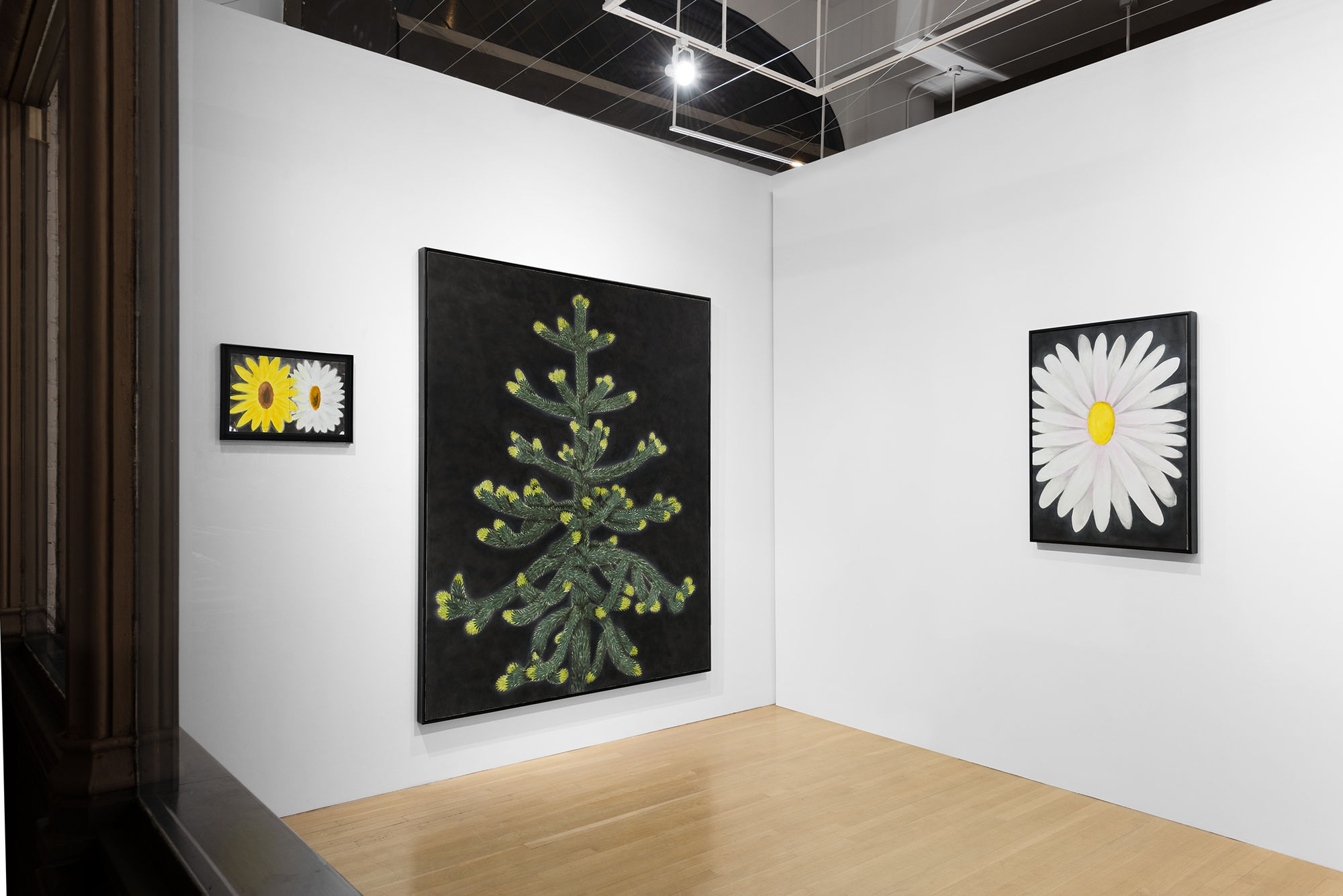 Installation view of the 2023 exhibition “Andrew Sim at WINDOW” with view of wood floors, walls, artworks and ceiling.