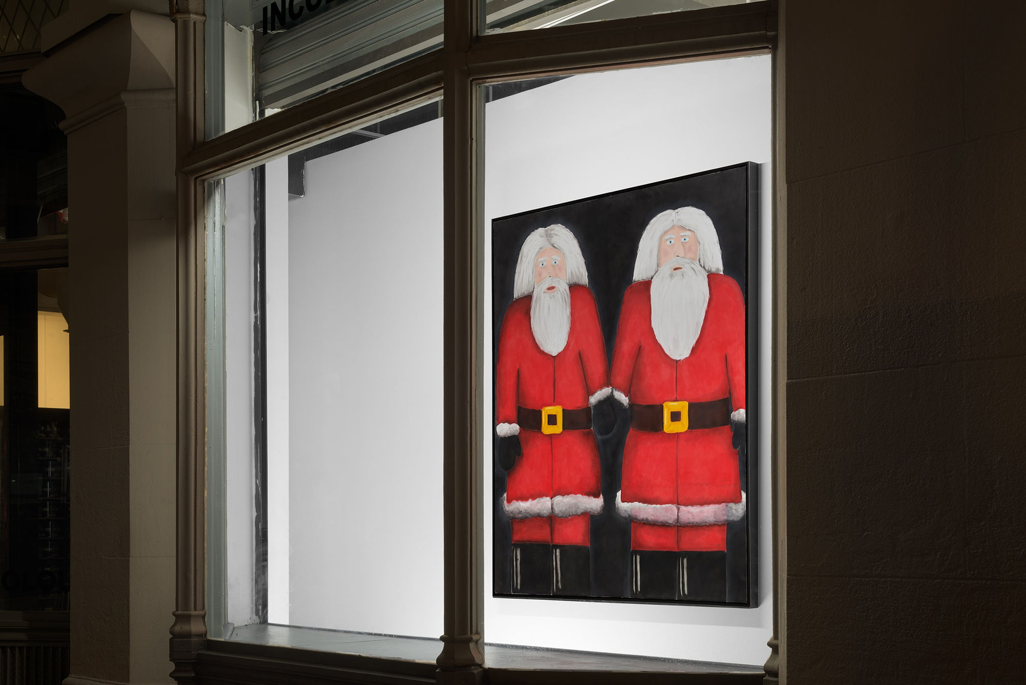 Installation view of the 2023 exhibition “Andrew Sim at WINDOW” with exterior view of artworks.