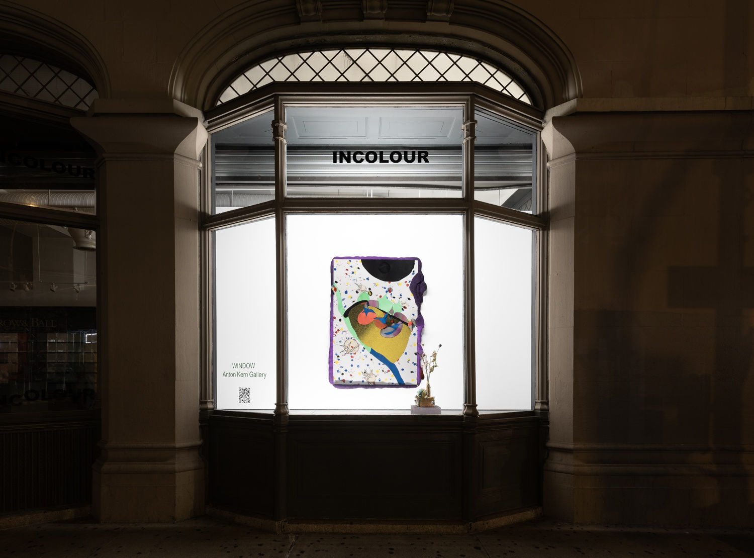 Installation view of the 2023 exhibition “Yuli Yamagata: The new, the old, and the hole” with exterior view of walls and artworks.