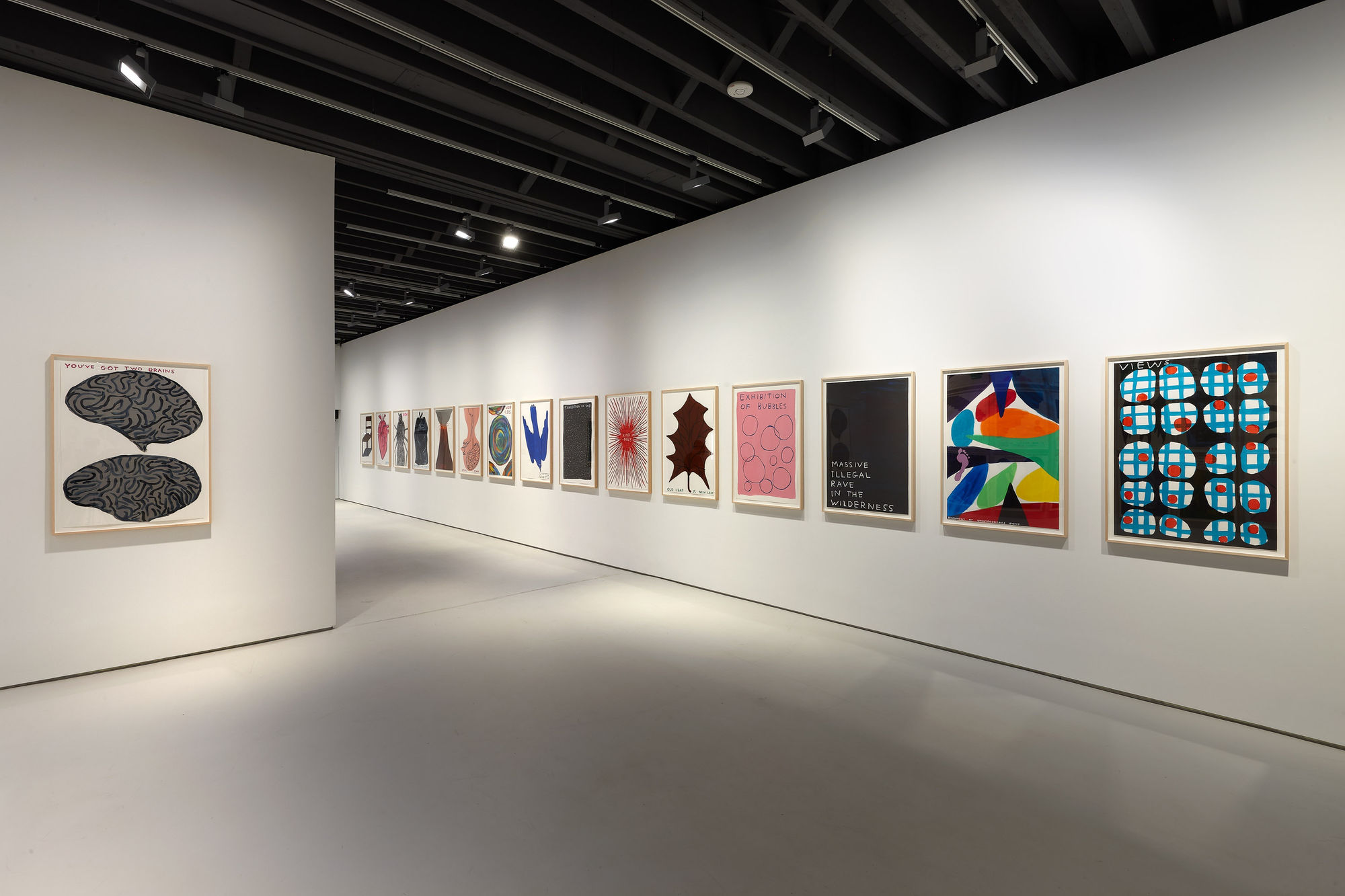 Installation view of David Shrigley's solo exhibition at the gallery with about 100 paintings and sculptures.