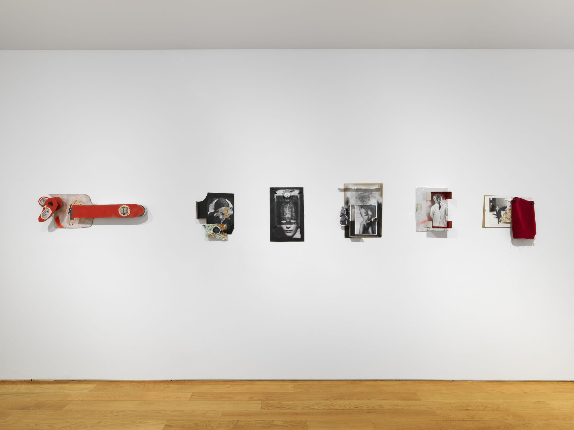 Installation view on the gallery's third floor of collages, which are 3 dimensional, unique, and vary in shape and content.