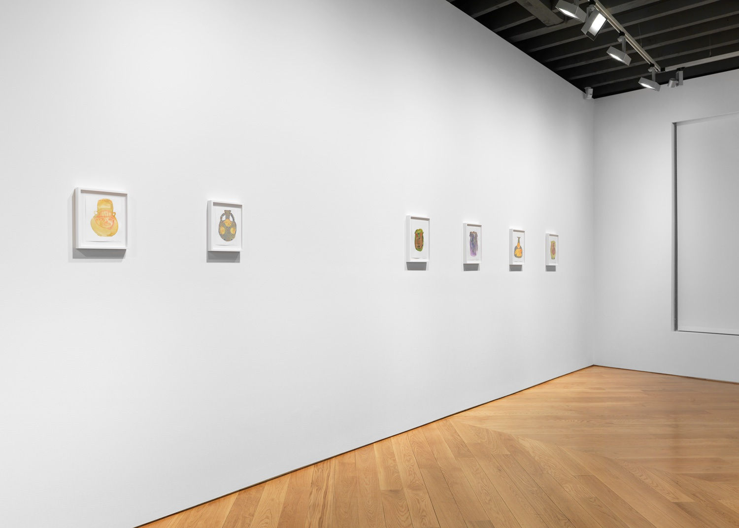 Installation view of Francis Upritchard's show titled Pots. A few drawings presented.