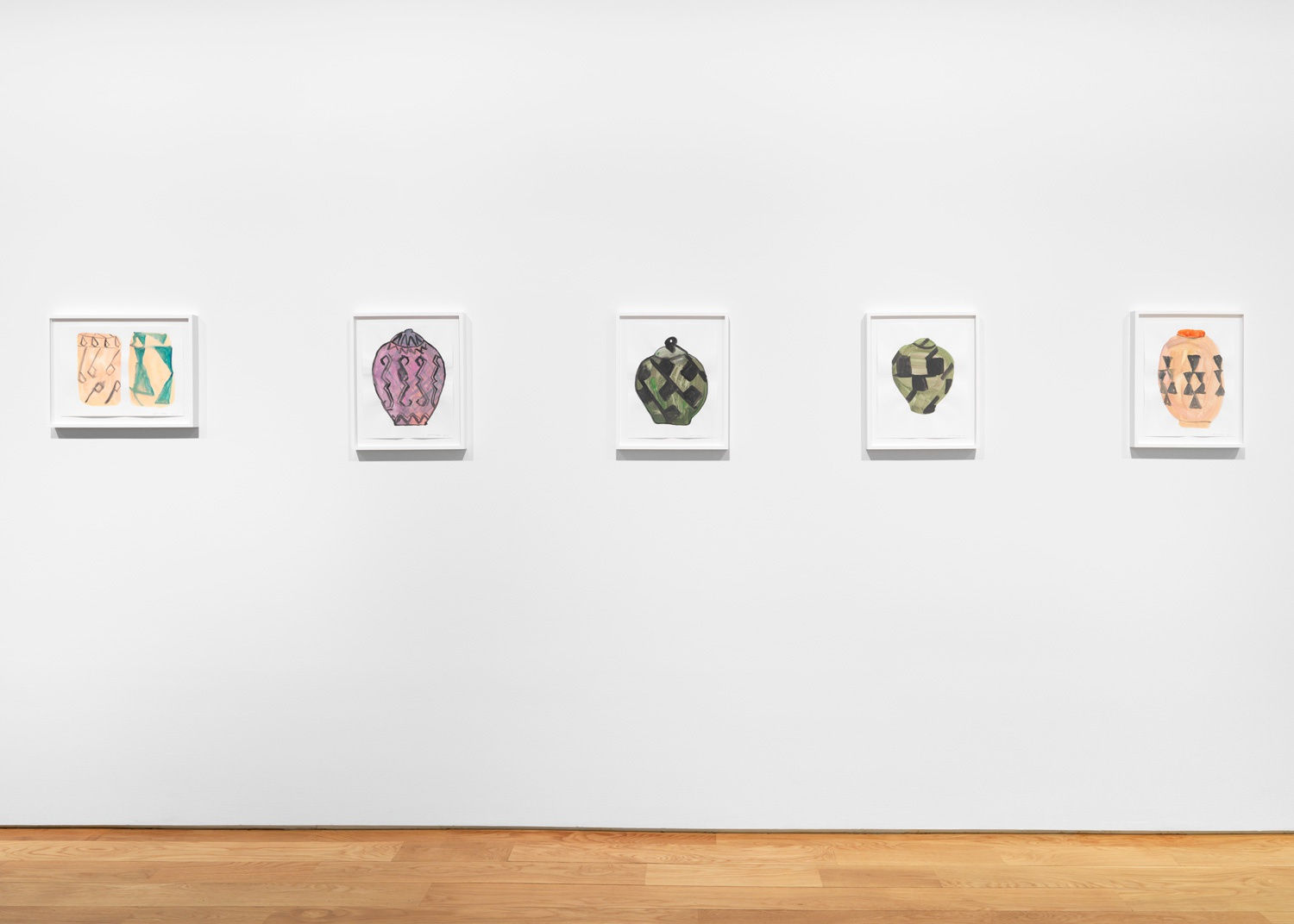 Installation view of Francis Upritchard's show titled Pots. More drawings of pots featured.