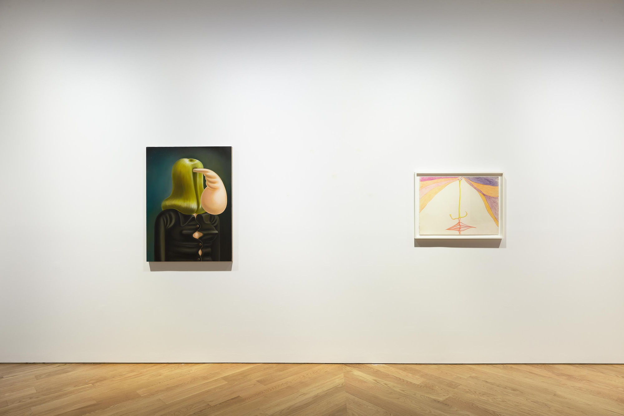 Installation view of 10 Exhibition, featuring Louise Bonnet's work The Shirt and Huguette Caland's untitled work from 1985