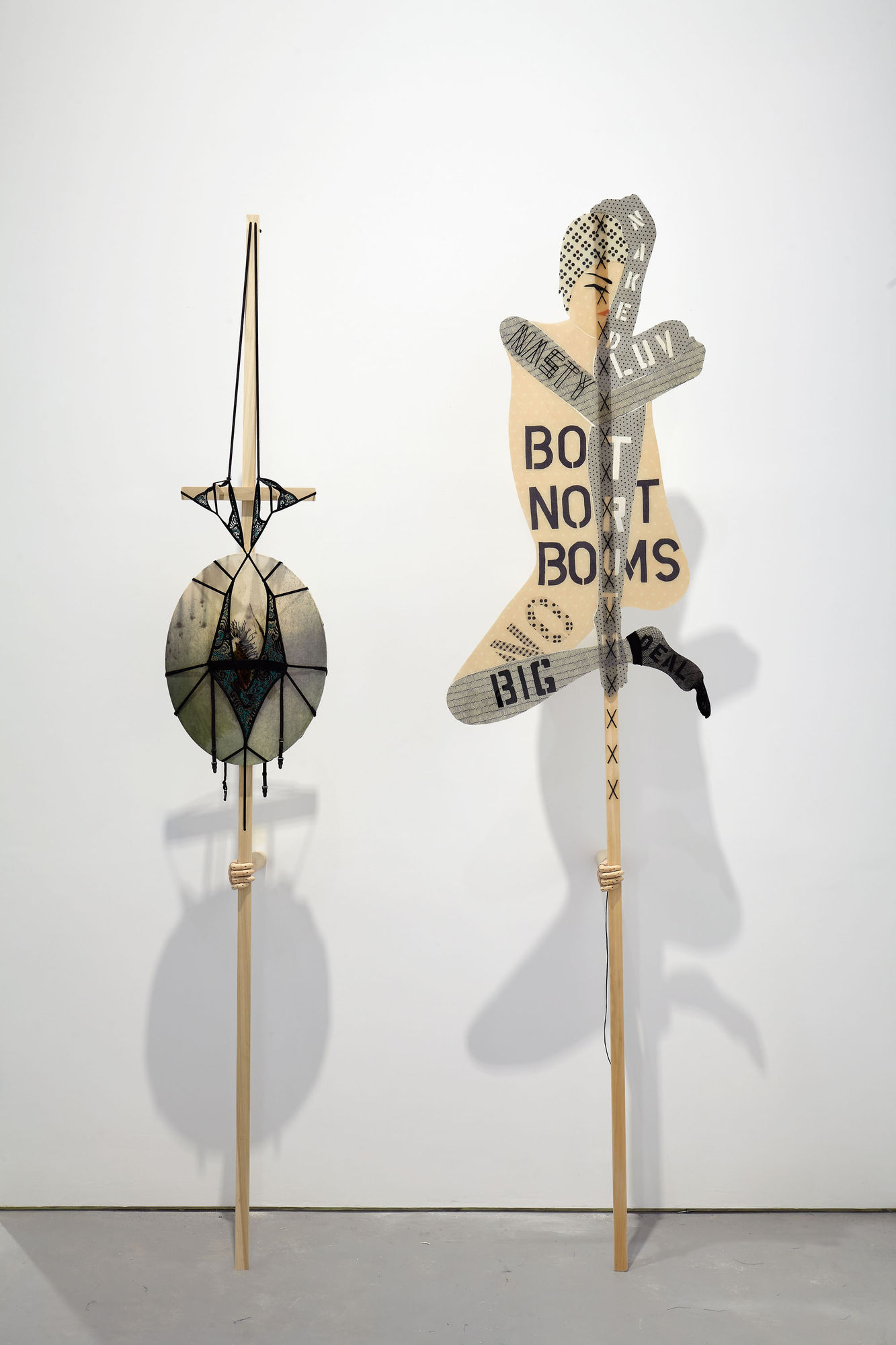 Installation view of Lara Schnitger's show Too Nice Too Long. Detail of two more of Schnitger's slut sticks.