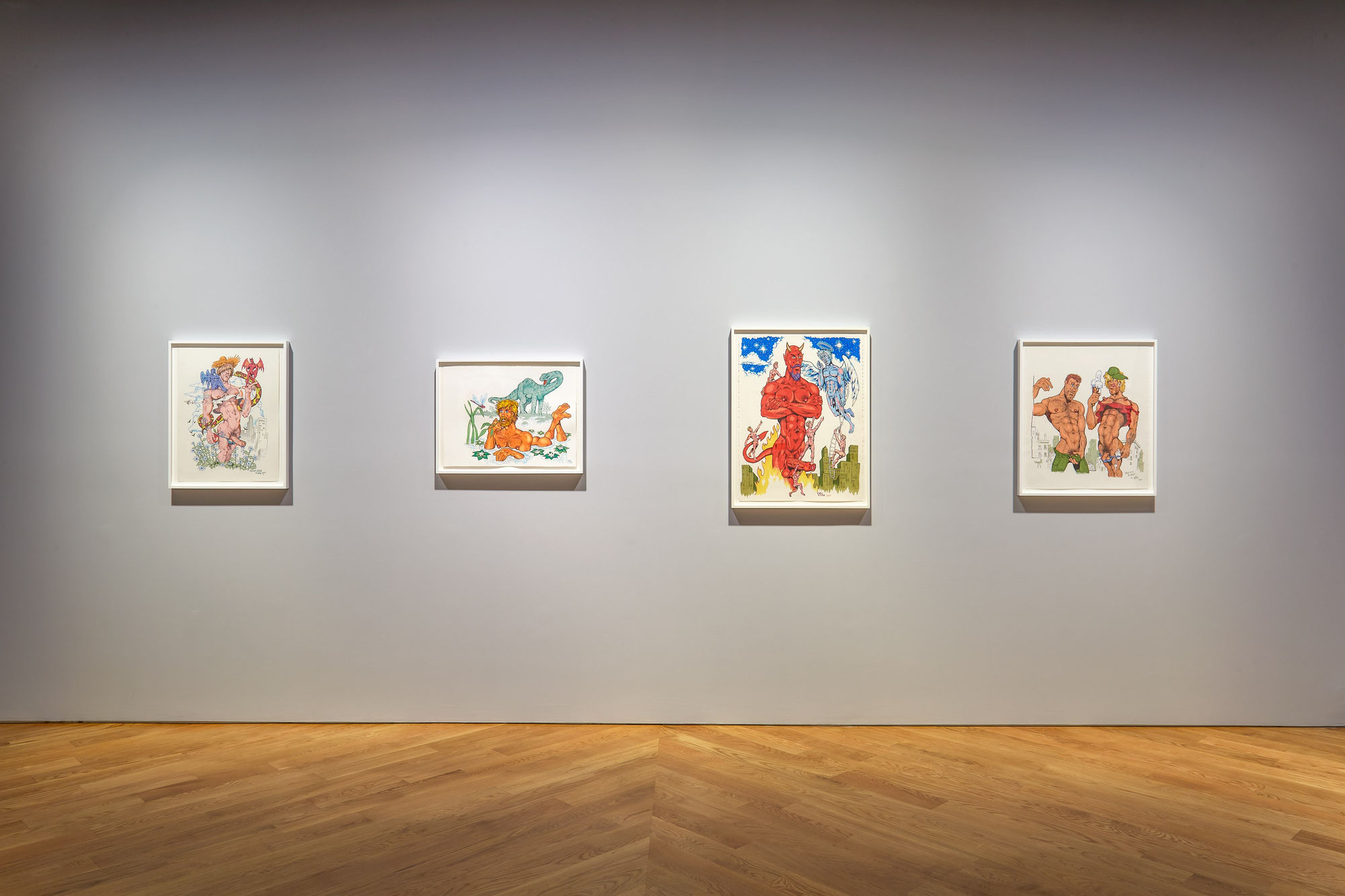 Installation view of Drawings by Mike! a solo show featuring Mike Kuchar's works. Four works featured.