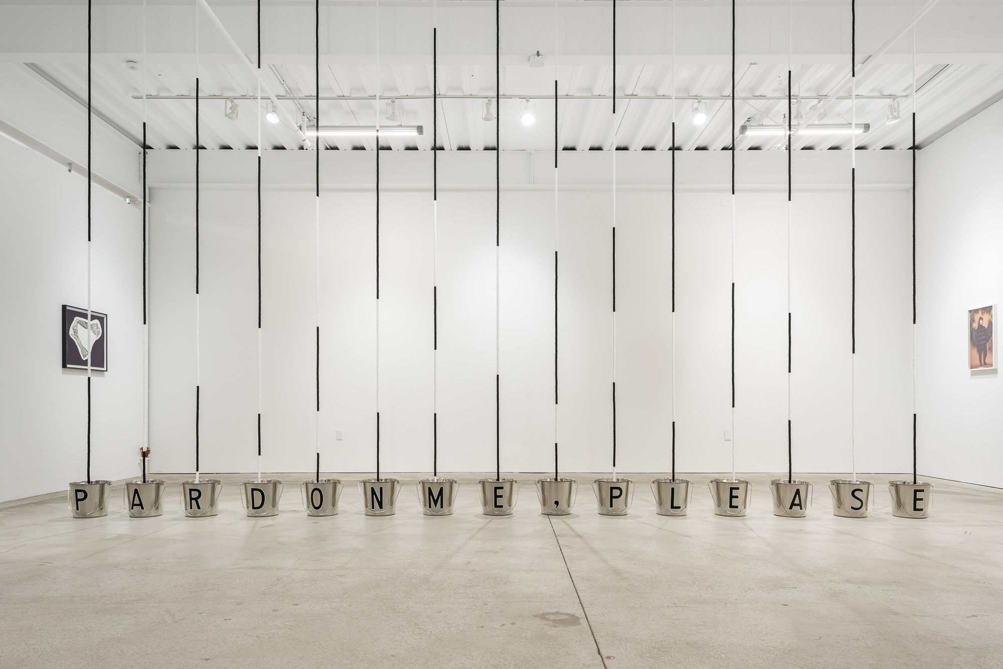 Lindsey White Pardon Me, Please/Stop Looking at Me, 2021 aluminum buckets, rope, latex paint, enamel paint dimensions variable