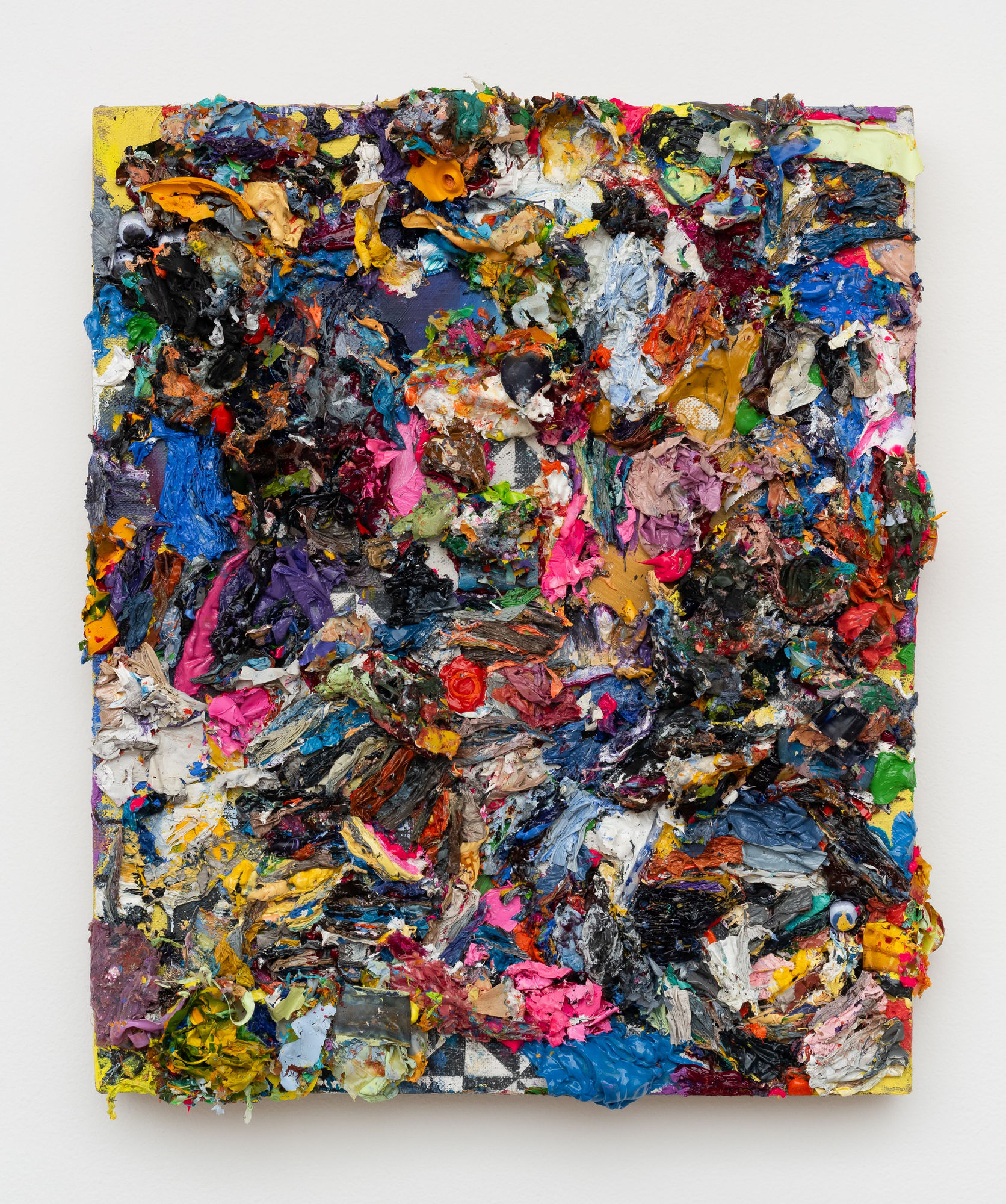 Michael Hall Gobbledygook (July 2023 - January 2024), 2024 Oil and acrylic palette scrapings with wax and googly eyes on linen stretched over panel 12 x 10 inches