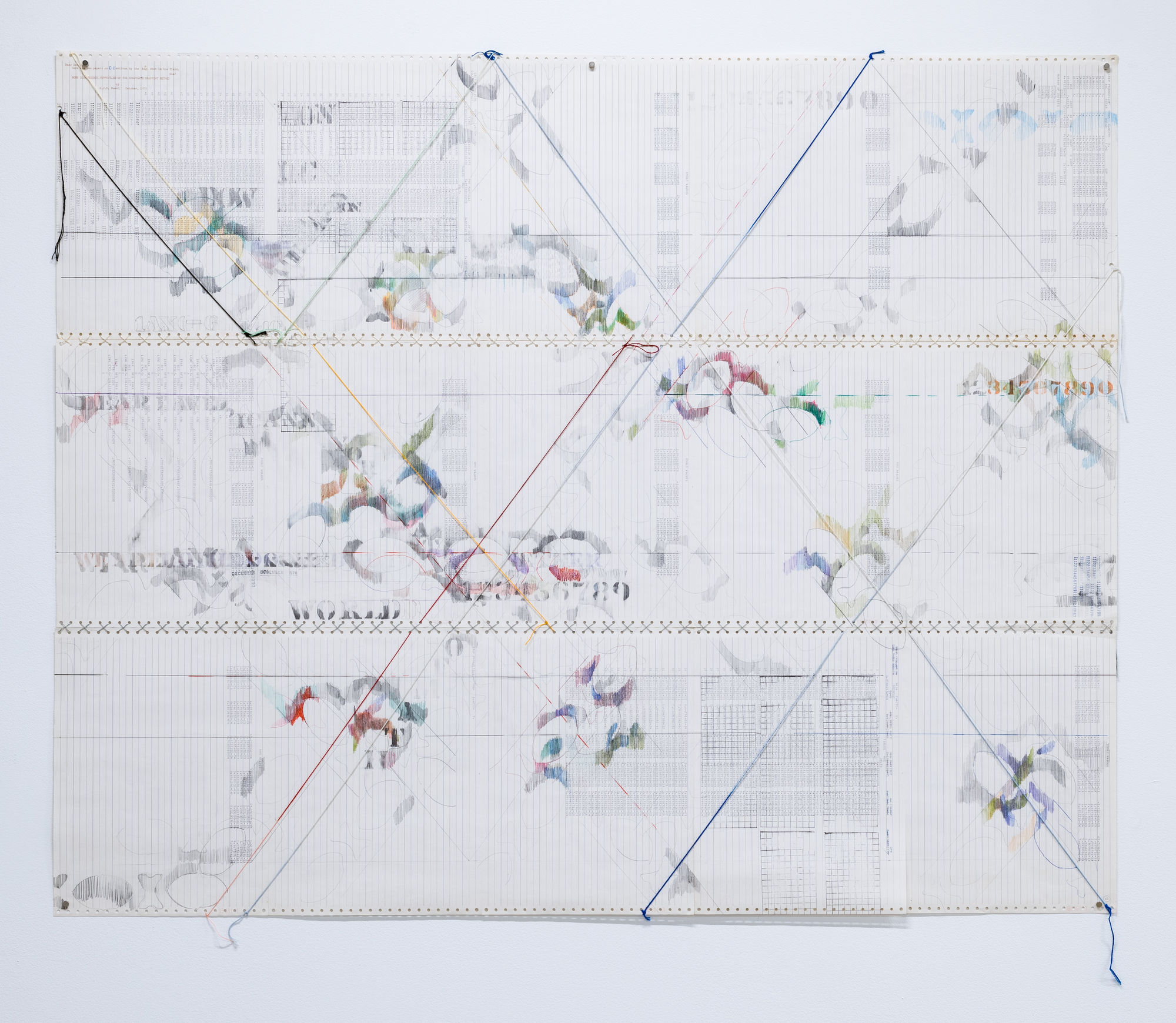 Dear David (#22), 1976 pencil, colored pencil, stamp, colored typewriter and thread on found continuous-feed computer paper 44.5 x 55" [HxW] (113.03 x 139.7 cm)