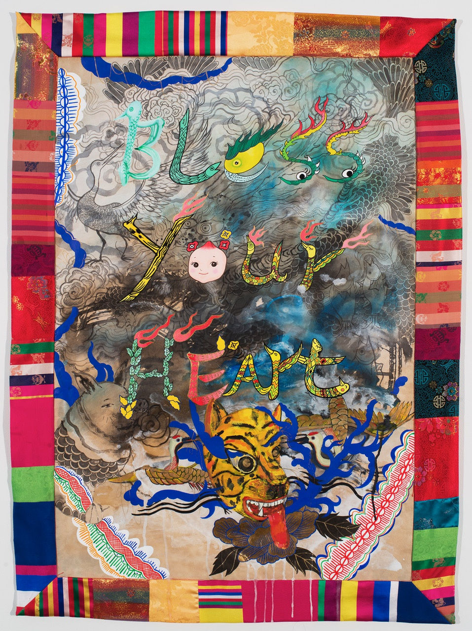 Jiha Moon, Bless your Heart, 2014 Ink and acrylic on Haniji paper, quilted border, 39 x 28 1/2 in