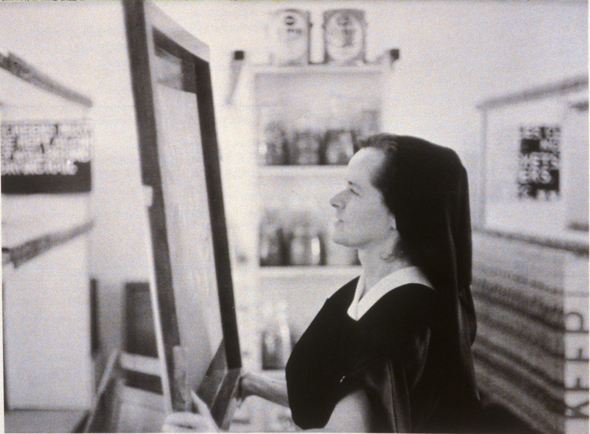 Corita preparing screen, ca. 1967.