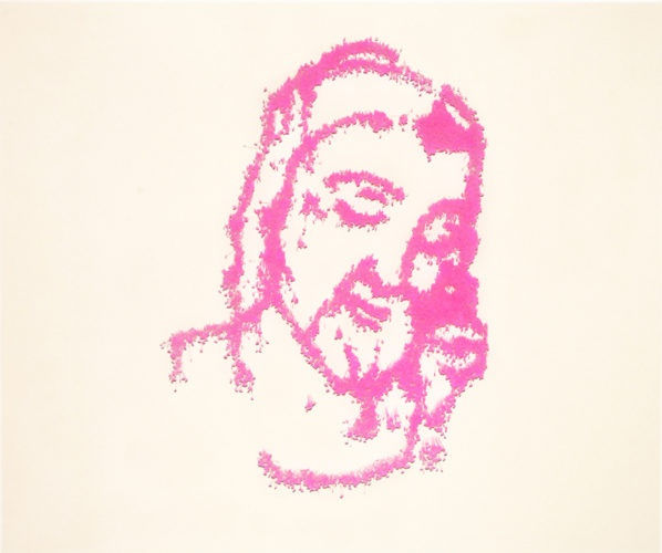 Untitled (Head of Christ pink), 2005. Plastic retail fasteners on raw canvas. 5 x 6 feet