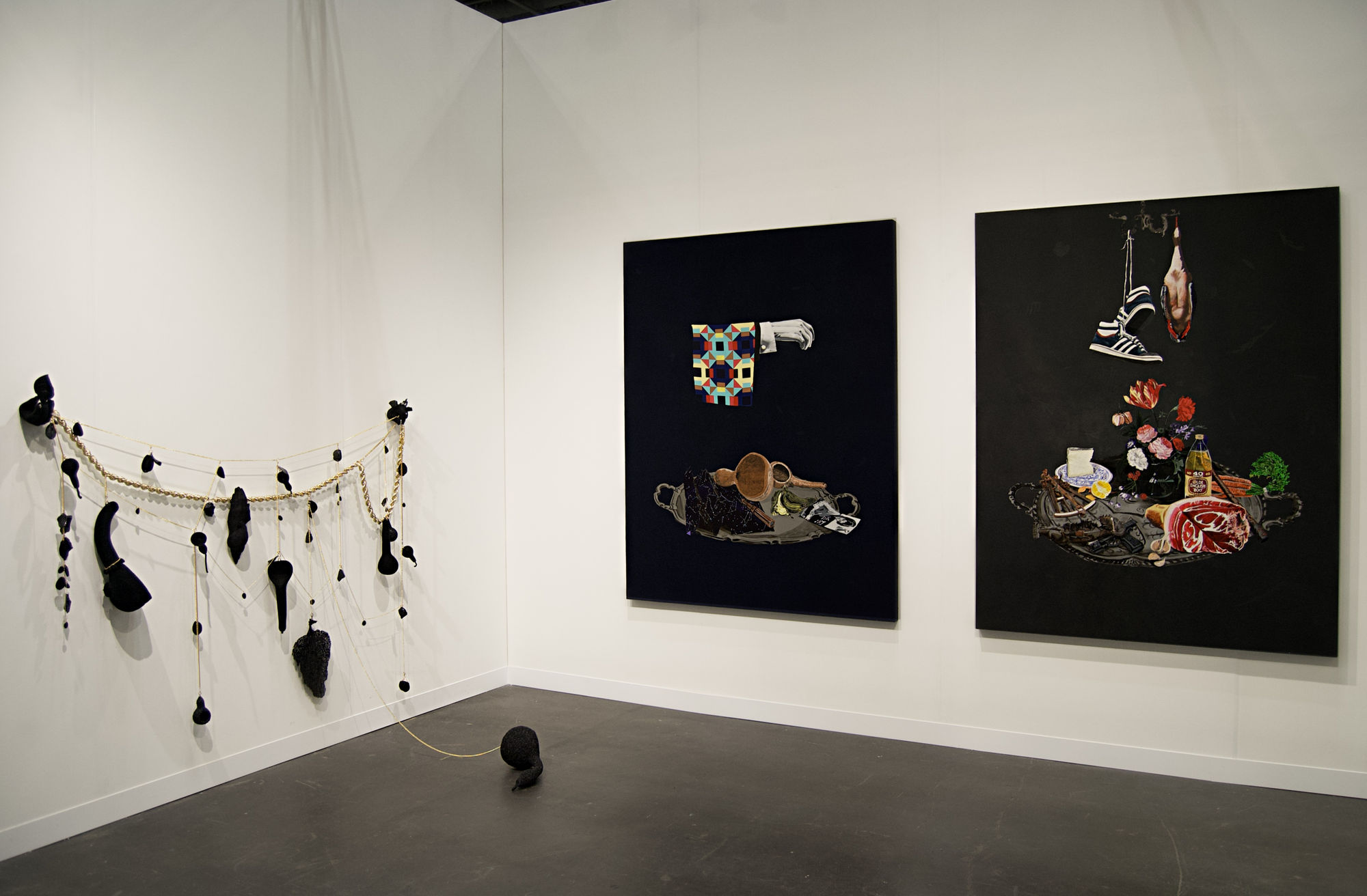 Installation view of two William Villalongo paintings and one sculpture at the Armory Show